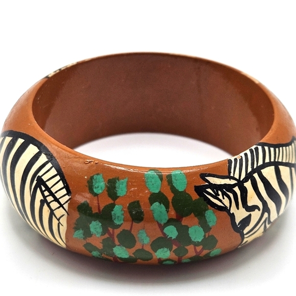 VINTAGE Hand-Painted Safari Zebra Wooden Wood Bangle Bracelet - Picture 3 of 5